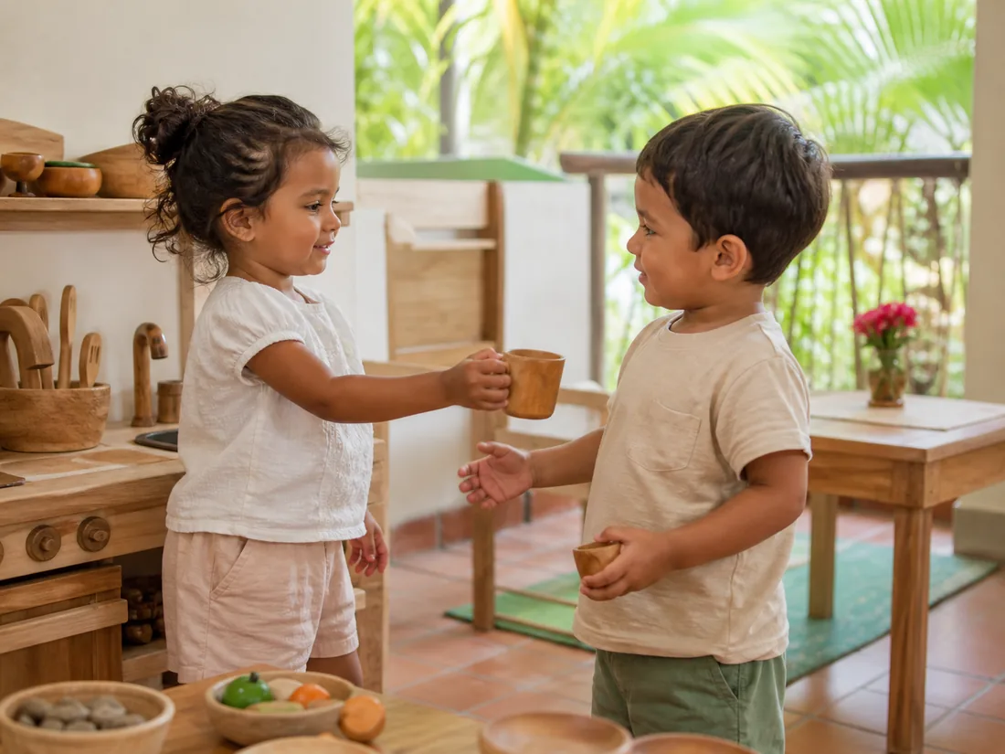Dos niños pequeños comparten una taza durante un juego imaginativo