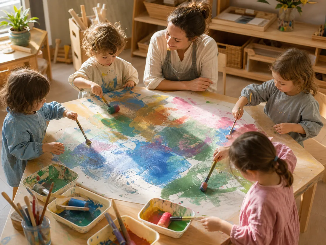Niños crean una obra abstracta colectiva con pintura, rodillos y pinceles