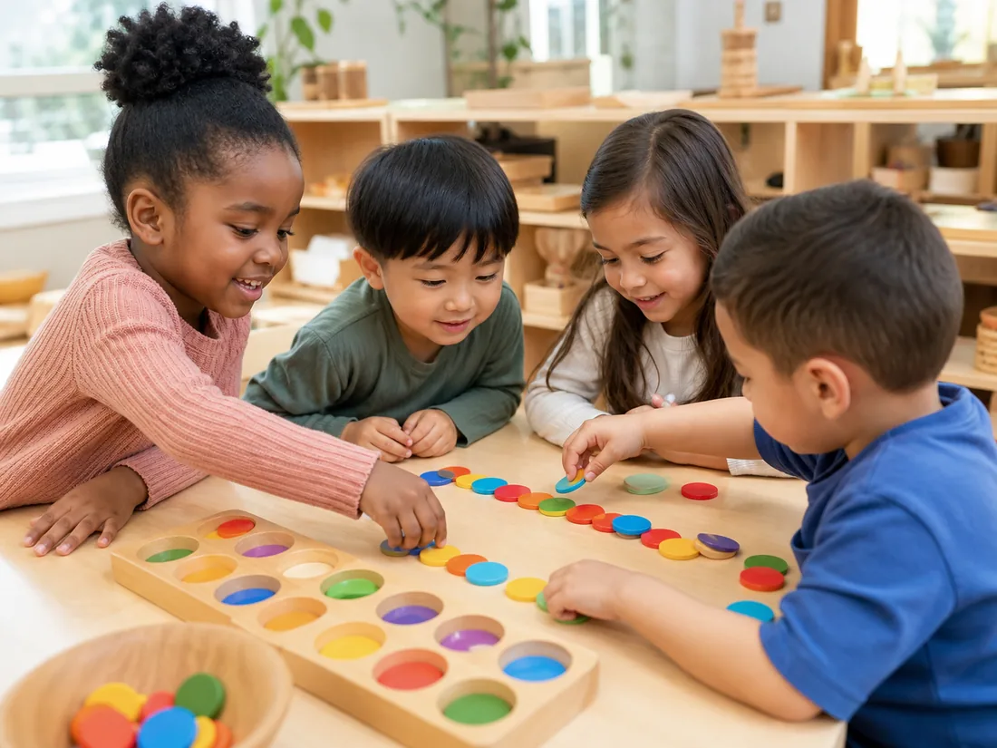 Niños crean patrones y clasifican fichas de colores en equipo